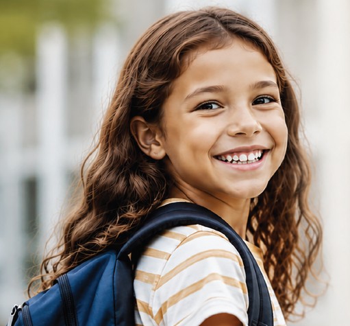 Smiling student wearing a backpack outside a school building