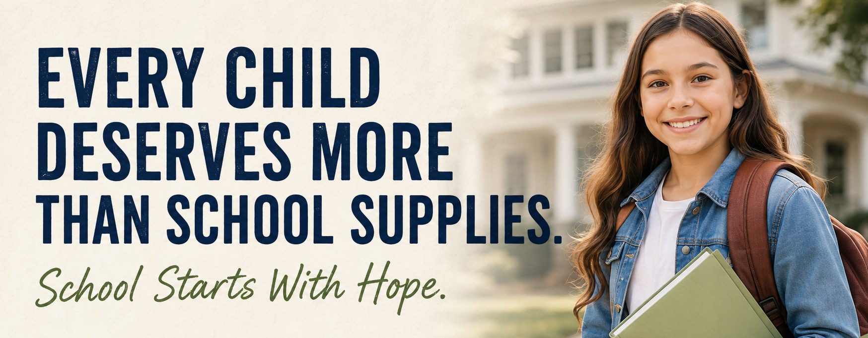 Back-to-school campaign banner featuring the message Every Child Deserves More Than School Supplies